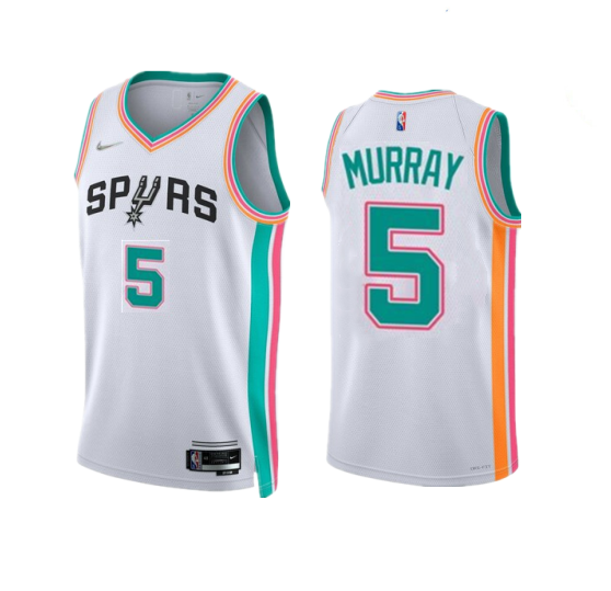 Men's San Antonio Spurs #5 Dejounte Murray 2021/22 White City Edition Stitched Jersey